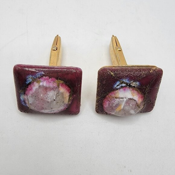 Vintage MCM Colorful Resin Gold Tone Cuff Links Cufflinks Cuff Links Marked - Picture 1 of 5